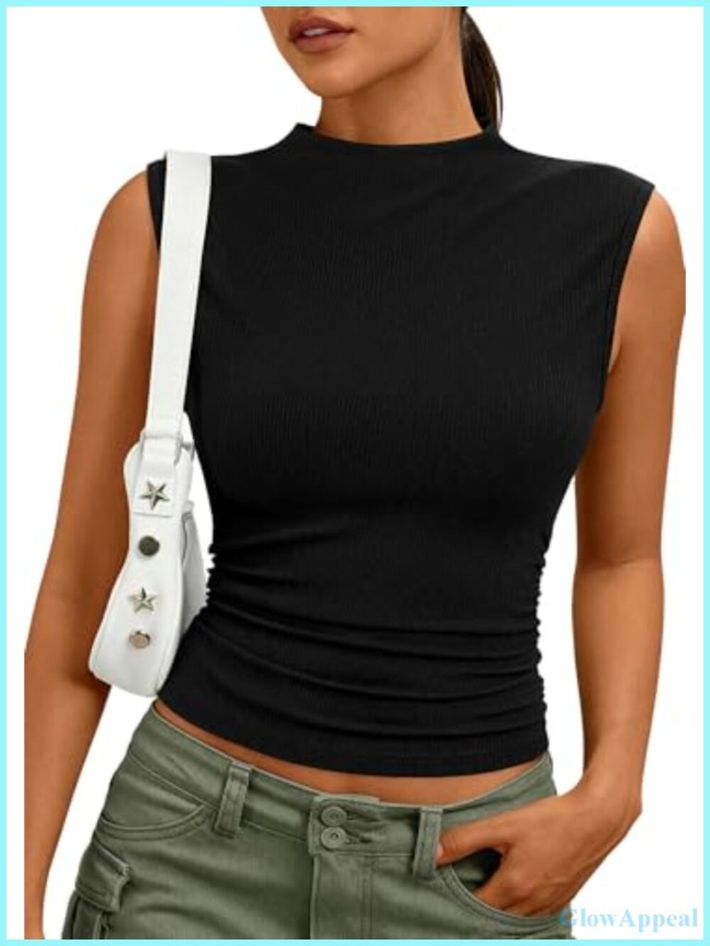 Sleeveless Mock Neck Ribbed Tank Top Slim Fit Casual Summer